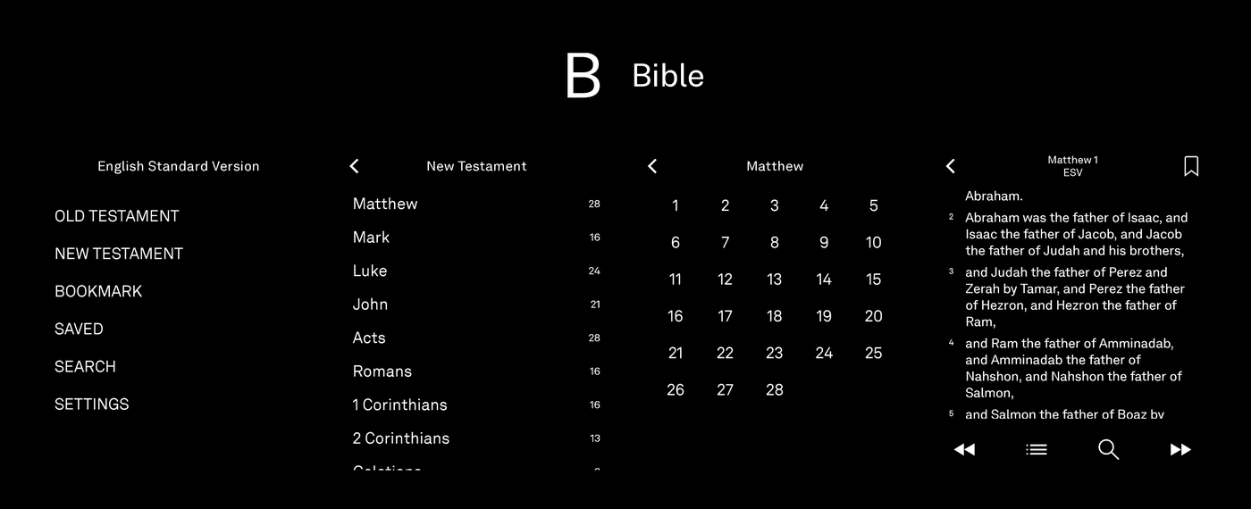 Bible app running on the Light Phone 3 — testament menu, book list, chapter grid, and ESV reading view