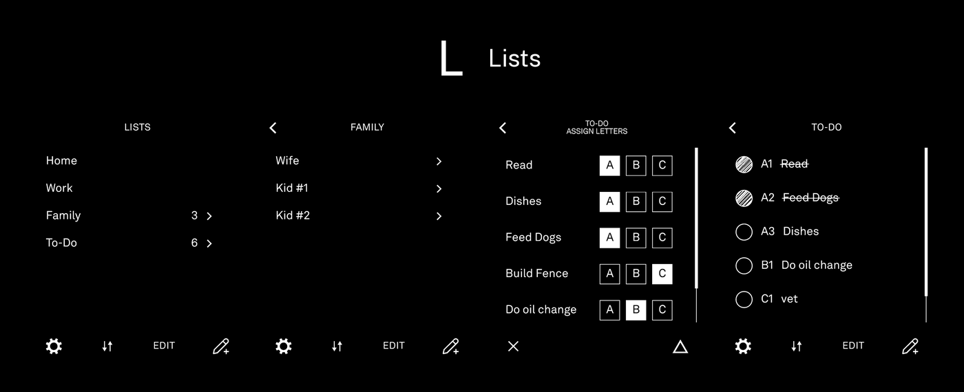 Lists app running on the Light Phone 3 — nested lists, a family list, and a to-do list with A/B/C priority letters